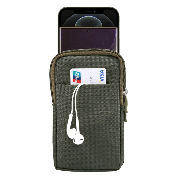 Olive green phone waist pouch with zipper and hanging cord strap