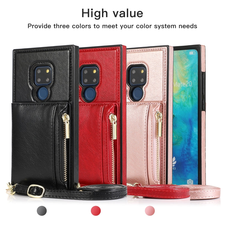 Phone wallet zipper case with cross-body strap and card slots; black, red, and rose shown