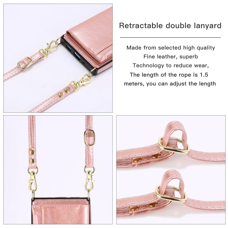 Rose gold retractable double lanyard strap with gold-tone rings and closures