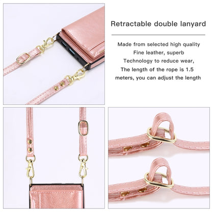 Rose gold retractable double lanyard strap with gold-tone rings and closures