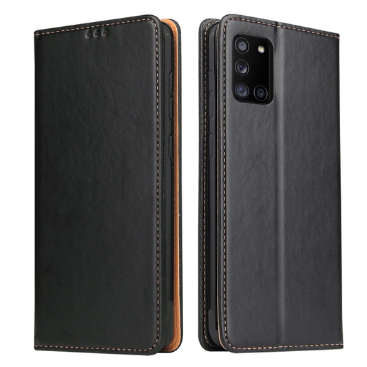 Black PU leather flip case with stitched edges; covers front and phone camera opening.