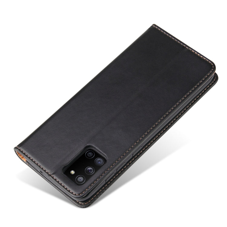 Black PU leather flip case with camera cutout and stitched trim; angled side view.
