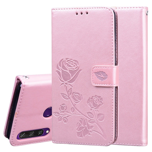 Pink PU flip wallet case with rose embossing, card slot, and back cover flap open