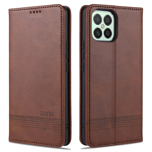 Dark brown leather flip phone case with magnetic closure, textured finish, card slots