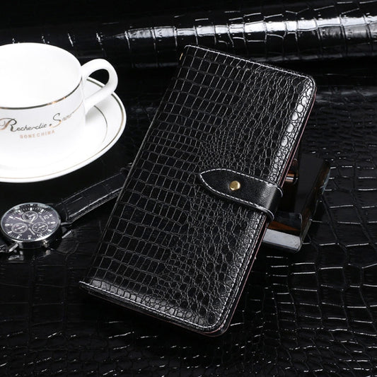 Black crocodile-texture leather flip phone wallet case with magnetic strap and holder