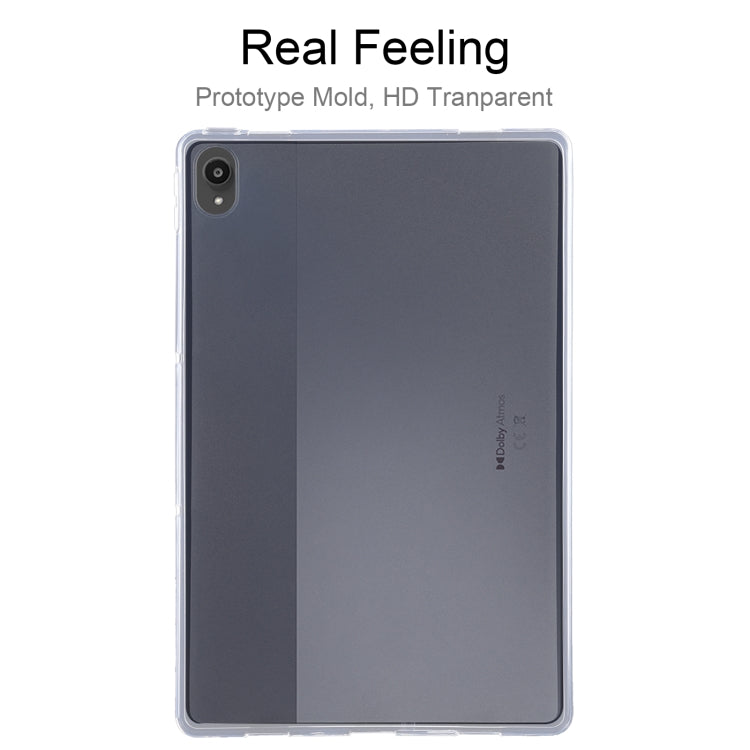 Transparent TPU tablet case showing back panel coverage with precise port cutouts