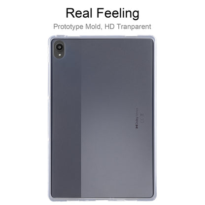 Transparent TPU tablet case showing back panel coverage with precise port cutouts