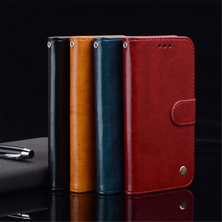 Flip leather phone case with card slot, shown in red, blue, and tan colors
