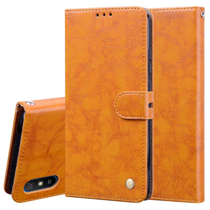 Orange textured flip leather case with card holder tab and two-piece front
