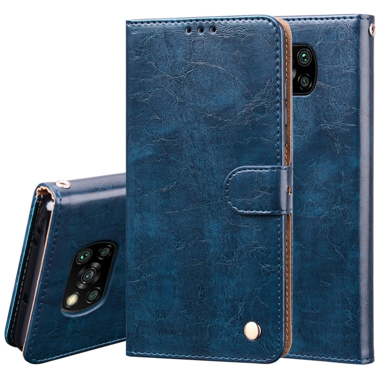 Blue flip wallet phone case with card pocket; camera module visible