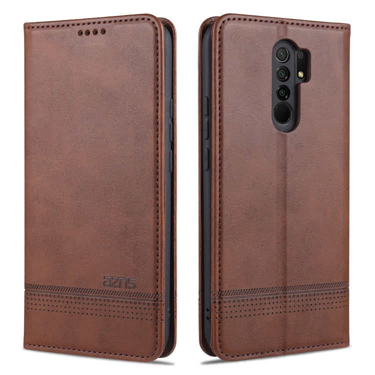 Dark brown magnetic flip leather case with card slots and camera cutout