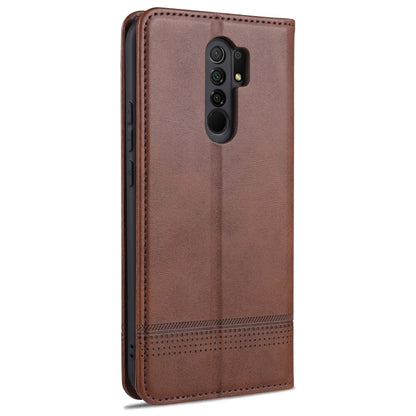 Dark brown magnetic flip leather case with camera cutout and textured finish