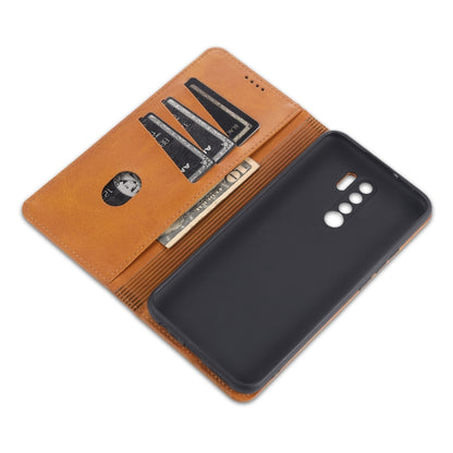 Tan magnetic flip leather wallet case with card slots and inner storage