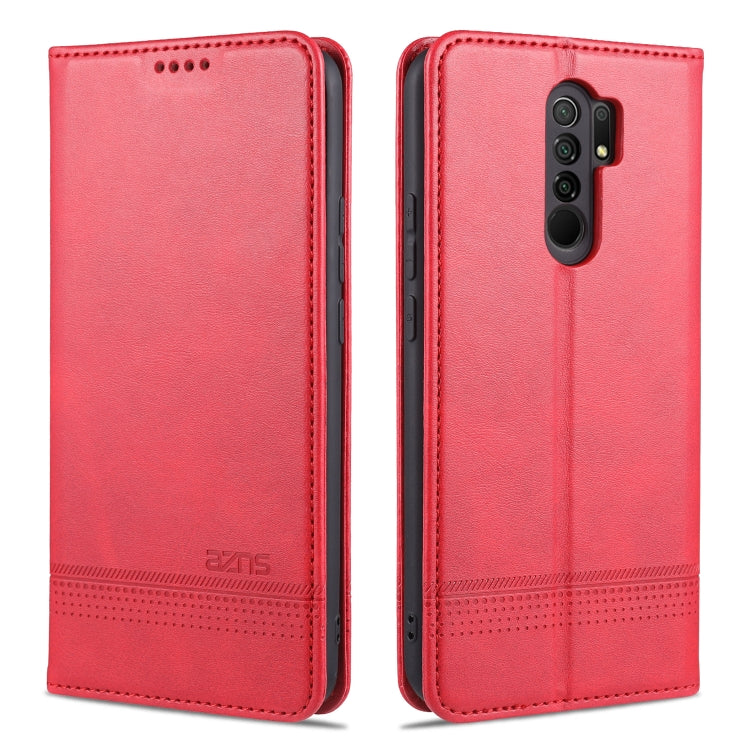 Red magnetic flip leather phone case with card slots and holder pocket