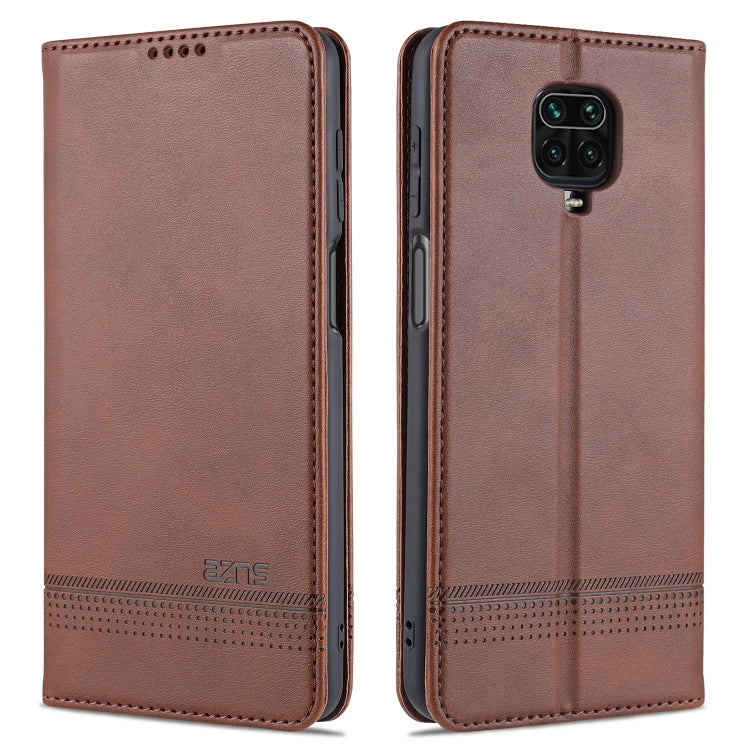 Dark brown leather flip phone case with card slots; front and back cover with camera cutout.