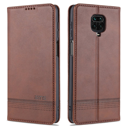 Dark brown leather flip phone case with card slots; front and back cover with camera cutout.