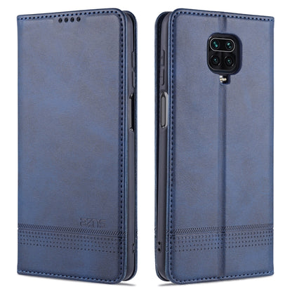 Dark blue leather flip phone case with card slots; front and back cover with camera cutout.