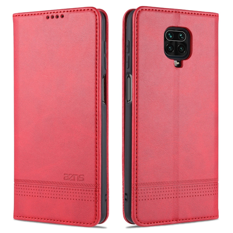 Red leather flip phone case with card slots; front and back cover with camera cutout.