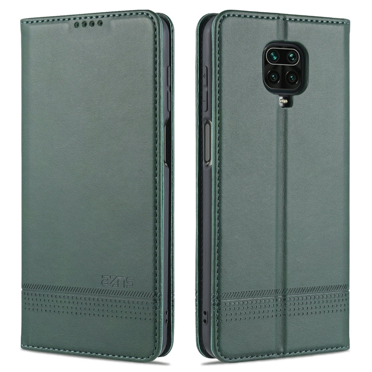 Dark green leather flip phone case with card slots; front and back cover with camera cutout.