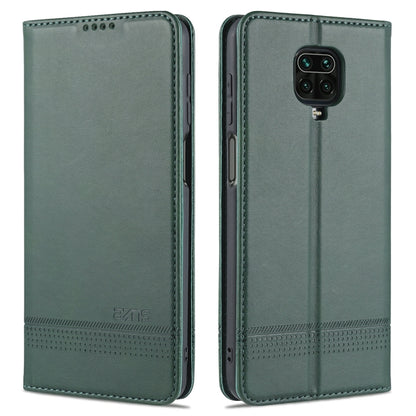 Dark green leather flip phone case with card slots; front and back cover with camera cutout.