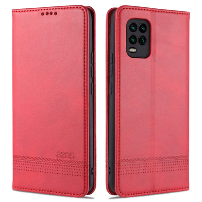 Red leather flip phone case with card slots; front and back cover with camera cutout.