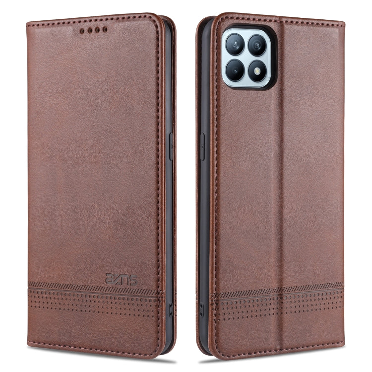 Brown leather flip phone wallet case with stitched trim and camera cutout