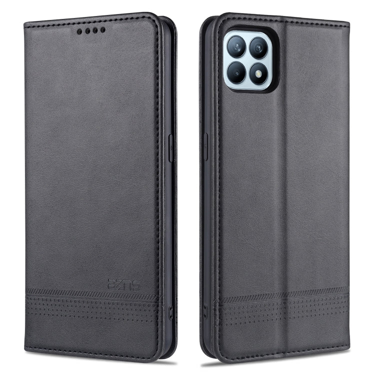Black leather flip phone wallet case with stitched edge and camera cutout