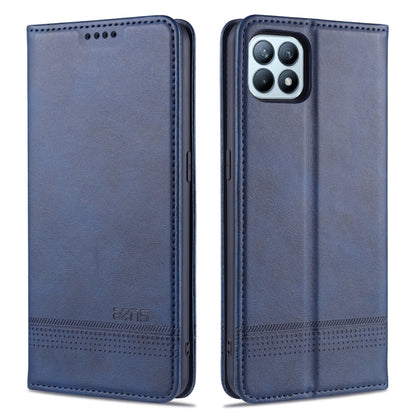 Blue leather flip phone wallet case with stitched trim and camera cutout