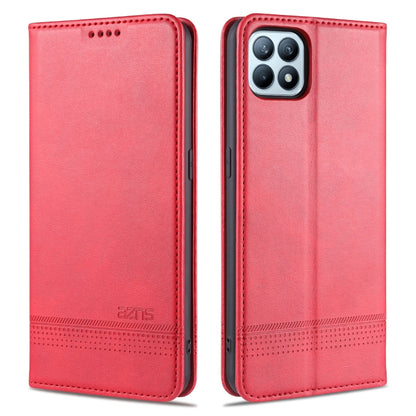 Red leather flip phone wallet case with stitched edge and camera cutout