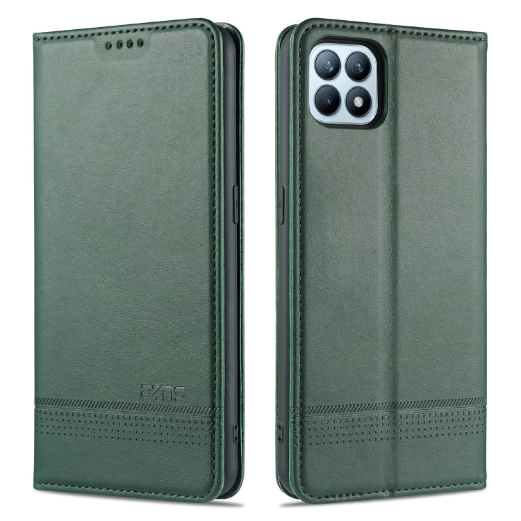Green leather flip phone wallet case with stitched trim and camera cutout