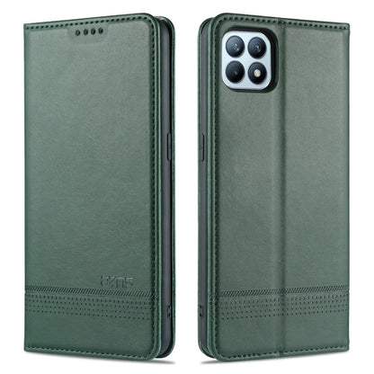 Green leather flip phone wallet case with stitched trim and camera cutout