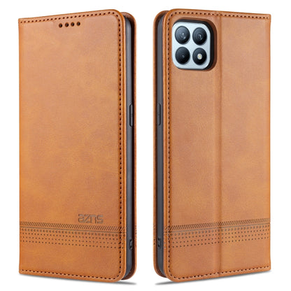 Light brown leather flip phone wallet case with stitched border and camera cutout