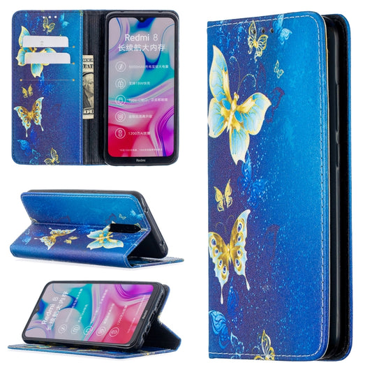 Blue PU leather phone case with yellow butterfly print and magnetic flip cover