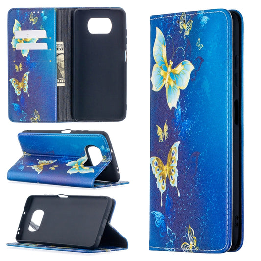 Blue PU leather flip phone case with colorful butterfly and butterfly-wing pattern, card slots