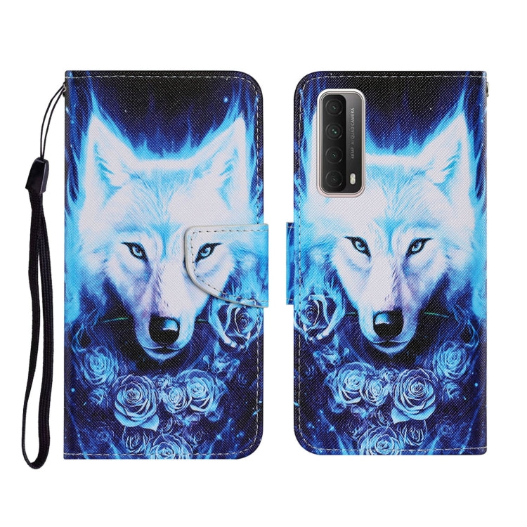 Flip PU leather phone wallet case with blue wolf and rose print, wrist strap, card slots