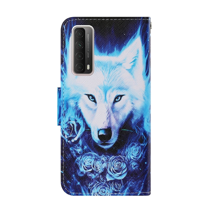 Flip PU leather phone wallet case with blue wolf and rose print, camera cutout