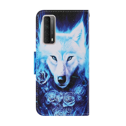 Flip PU leather phone wallet case with blue wolf and rose print, camera cutout