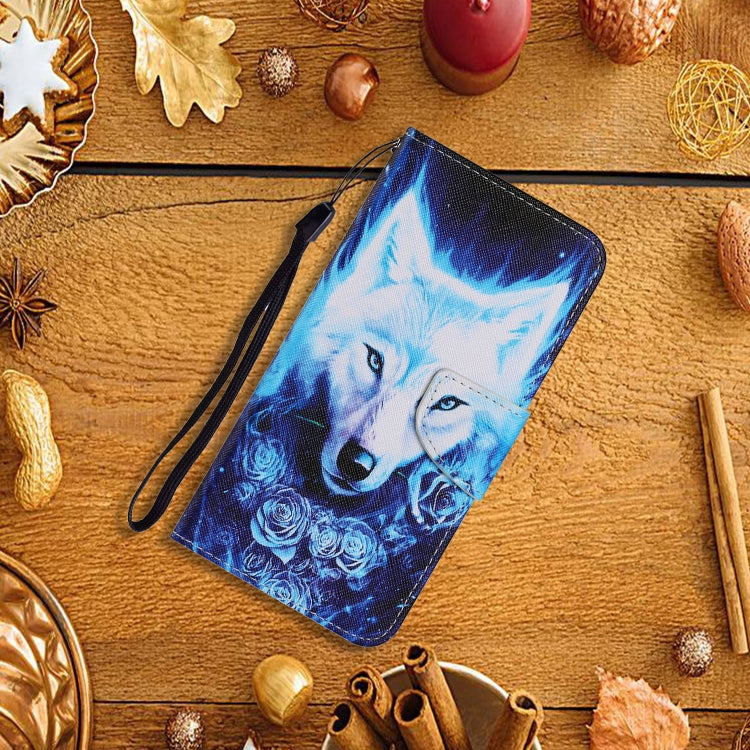 Flip PU leather phone wallet case with blue wolf and rose print, wrist strap
