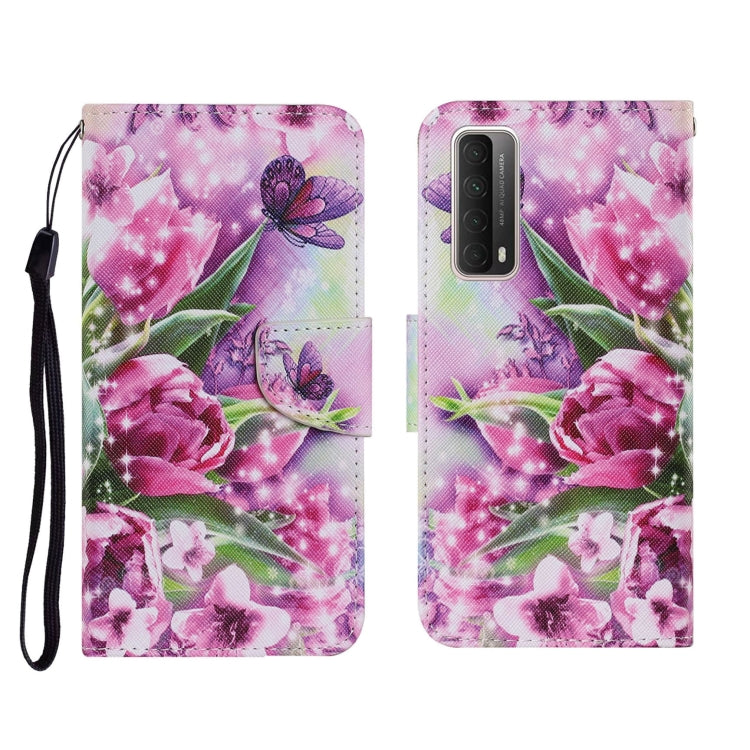 Flip PU leather phone wallet case with pink flower pattern, wrist strap, card slots