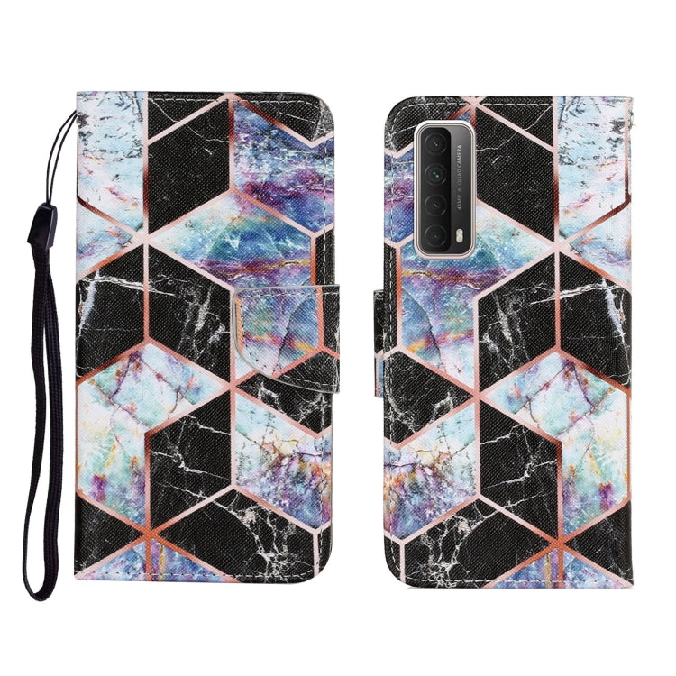 Flip PU leather phone wallet case with colorful geometric cubes print, wrist strap