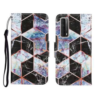 Flip PU leather phone wallet case with colorful geometric cubes print, wrist strap