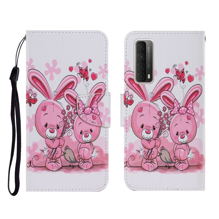 Flip PU leather phone wallet case with white and pink rabbit pattern, wrist strap