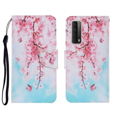 Flip PU leather phone wallet case with pink cherry blossom and butterfly print, wrist strap
