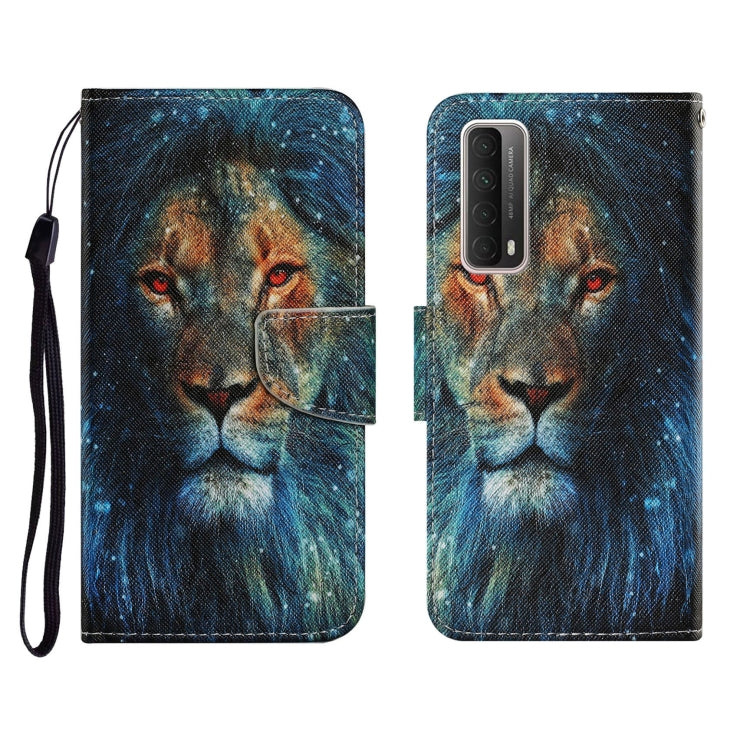 PU leather flip phone wallet case with blue wolf art, card slots and lanyard.