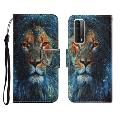 PU leather flip phone wallet case with blue wolf art, card slots and lanyard.