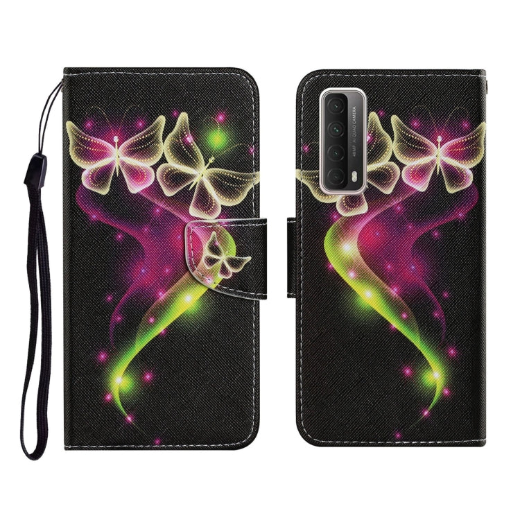 PU leather flip phone wallet case with glowing butterflies on dark background, card slots.