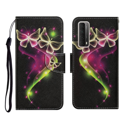 PU leather flip phone wallet case with glowing butterflies on dark background, card slots.