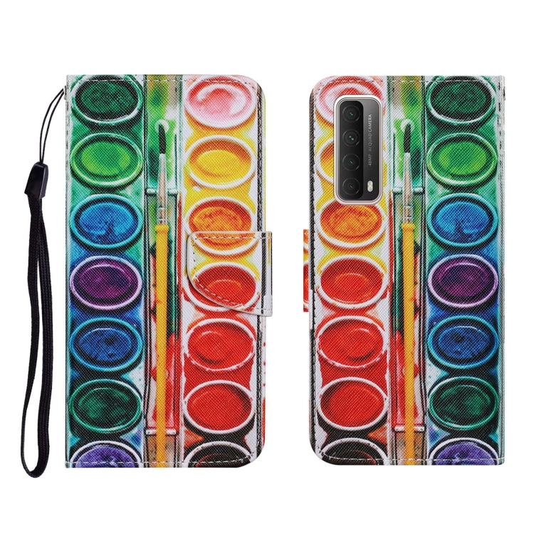 PU leather flip phone wallet case with colorful paint-palette circles, lanyard strap.
