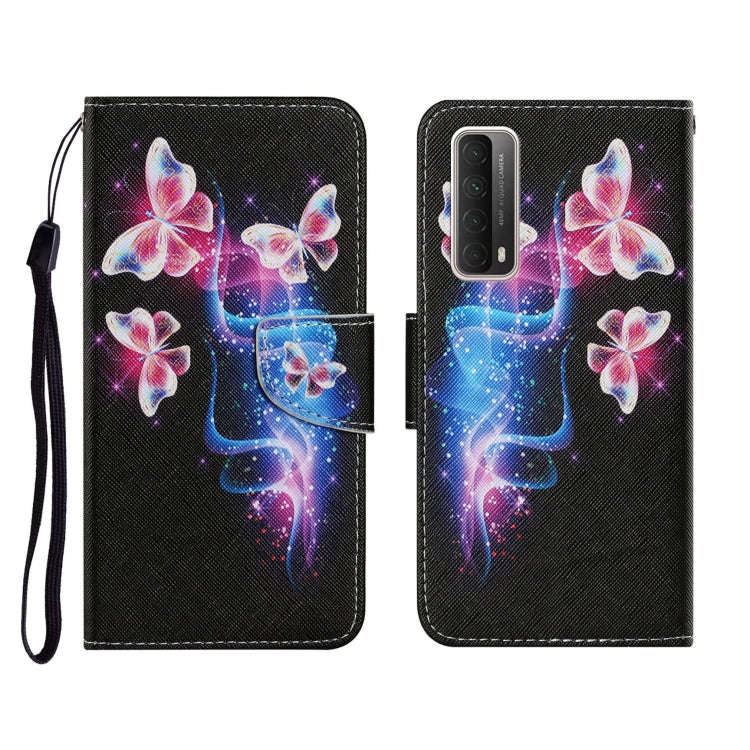 PU leather flip phone wallet case with black base and purple butterflies, lanyard strap.
