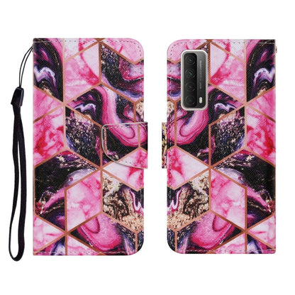 PU leather flip phone wallet case with pink and black mosaic pattern, lanyard strap.